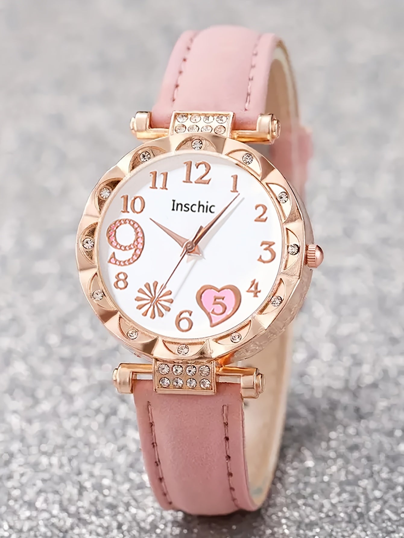 6pcs Elegant Faux Leather & Rose Golden Accessory Set - Heart-Shaped Watch, Bracelet, Necklace, Earrings with Pink Rhinestones - Perfect Mother'S Day Gift for Moms, Everyday Style, Everyday Accessory Set|Fashionable Gift Set|